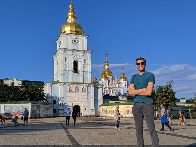 Nate Hake and the St Michaels Golden-Domed Monastery on his background