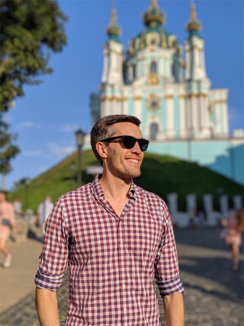 Nate Hake in front of a Cathedral in Ukraine